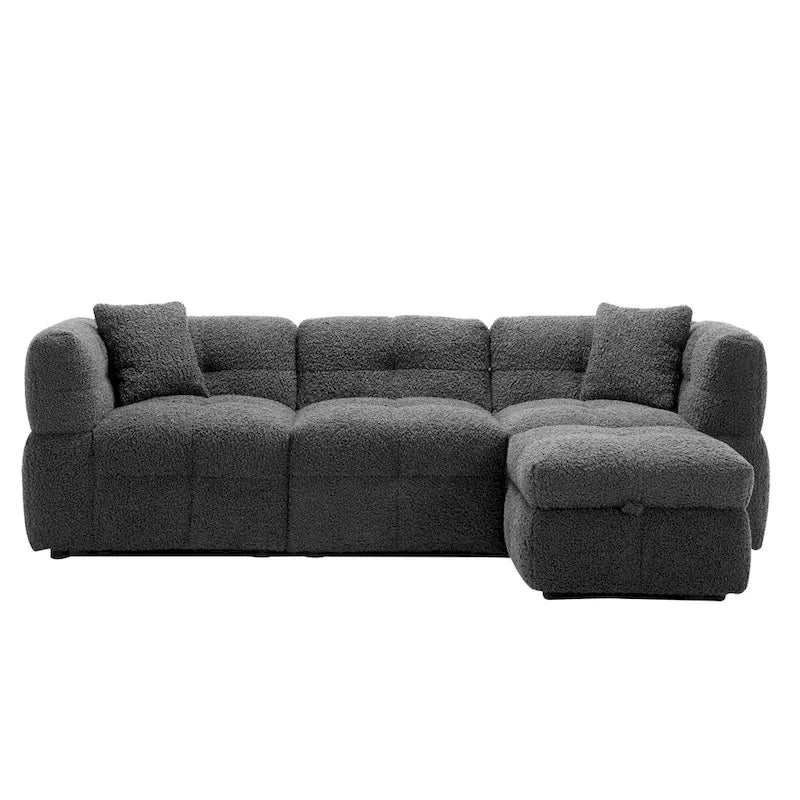 Canapé sectionnel, canapé d'angle avec pouf de rangement mobile, 2 ports USB et 2 oreillers, canapé capitonné et rembourré pour salon