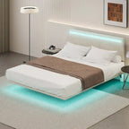 Cadre de Lit Flottant Rembourré Moderne avec Lumières LED, Lit en Velours Design Vertical à Canaux, Taille Double, Beige