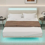 Cadre de Lit Flottant Rembourré Moderne avec Lumières LED, Lit en Velours Design Vertical à Canaux, Taille Double, Beige