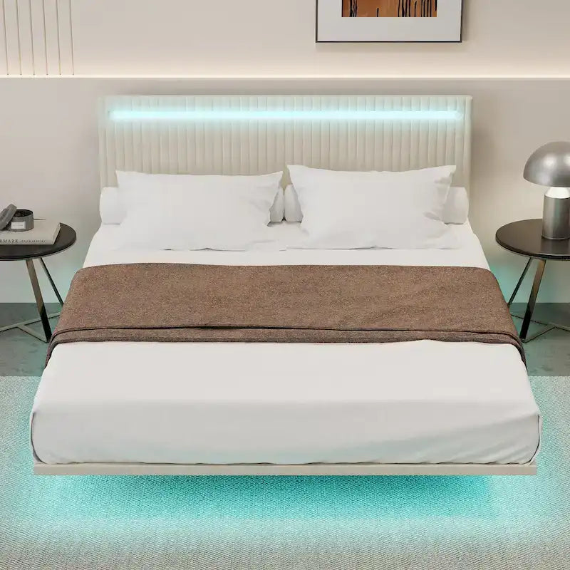 Cadre de Lit Flottant Rembourré Moderne avec Lumières LED, Lit en Velours Design Vertical à Canaux, Taille Double, Beige
