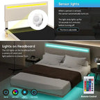 Cadre de Lit Flottant Rembourré Moderne avec Lumières LED, Lit en Velours Design Vertical à Canaux, Taille Double, Beige