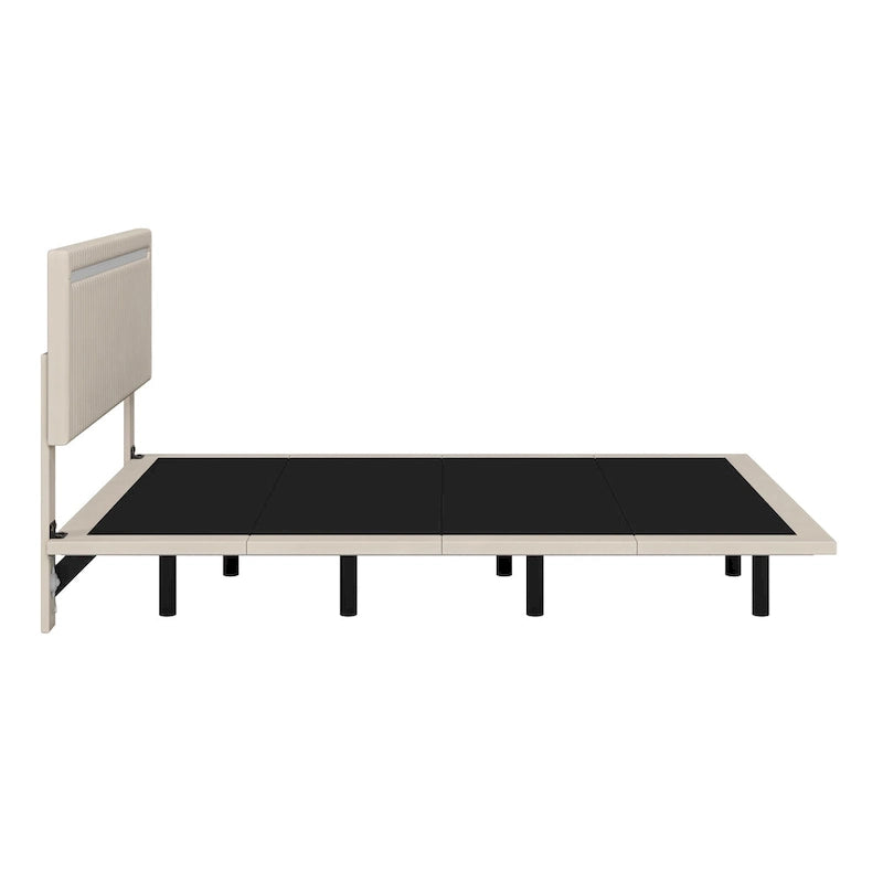 Cadre de Lit Flottant Rembourré Moderne avec Lumières LED, Lit en Velours Design Vertical à Canaux, Taille Double, Beige