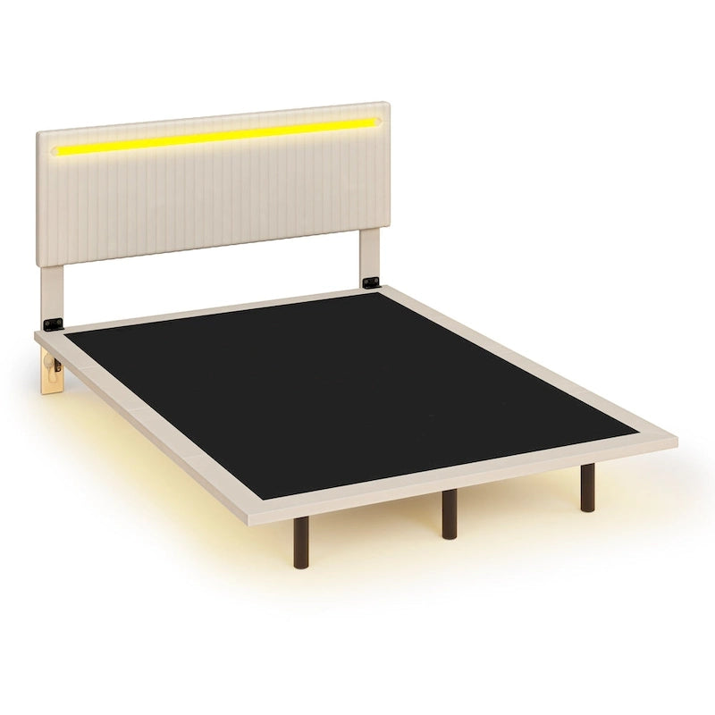 Cadre de Lit Flottant Rembourré Moderne avec Lumières LED, Lit en Velours Design Vertical à Canaux, Taille Double, Beige