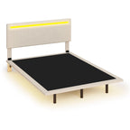 Cadre de Lit Flottant Rembourré Moderne avec Lumières LED, Lit en Velours Design Vertical à Canaux, Taille Double, Beige