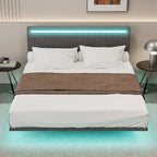 Cadre de Lit Flottant Rembourré Moderne avec Lumières LED, Lit en Velours Design Vertical à Canaux, Taille Double, Beige