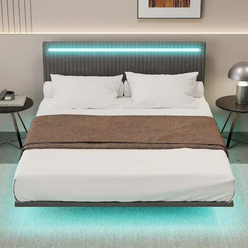Cadre de Lit Flottant Rembourré Moderne avec Lumières LED, Lit en Velours Design Vertical à Canaux, Taille Double, Beige