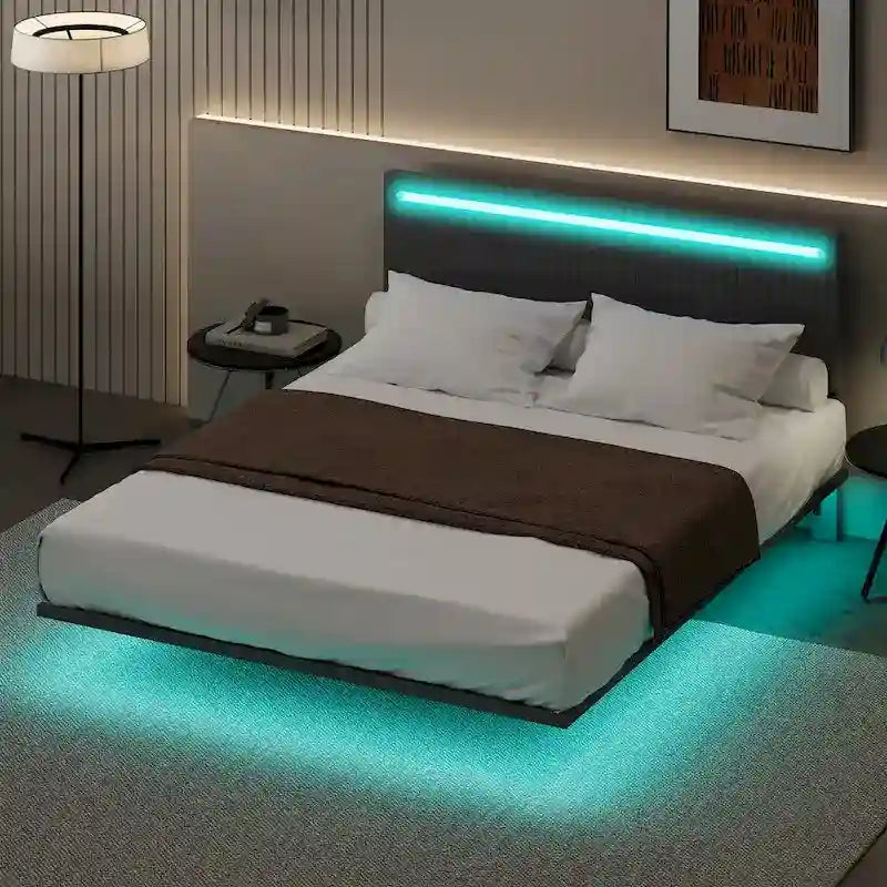 Cadre de Lit Flottant Rembourré Moderne avec Lumières LED, Lit en Velours Design Vertical à Canaux, Taille Double, Beige