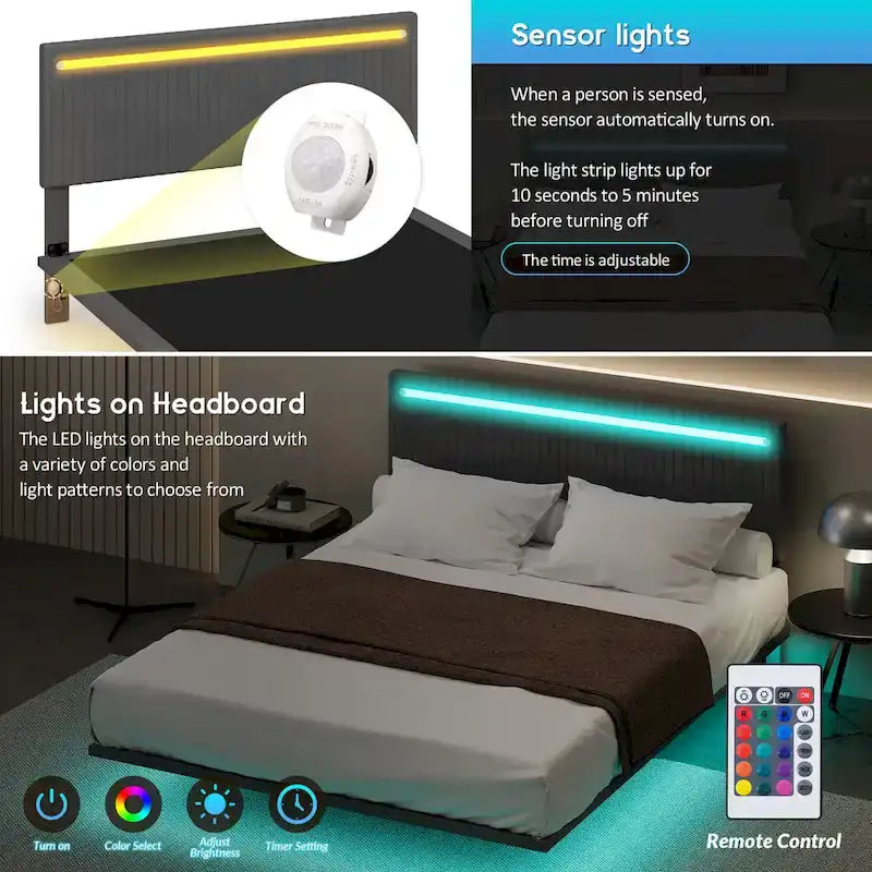 Cadre de Lit Flottant Rembourré Moderne avec Lumières LED, Lit en Velours Design Vertical à Canaux, Taille Double, Beige