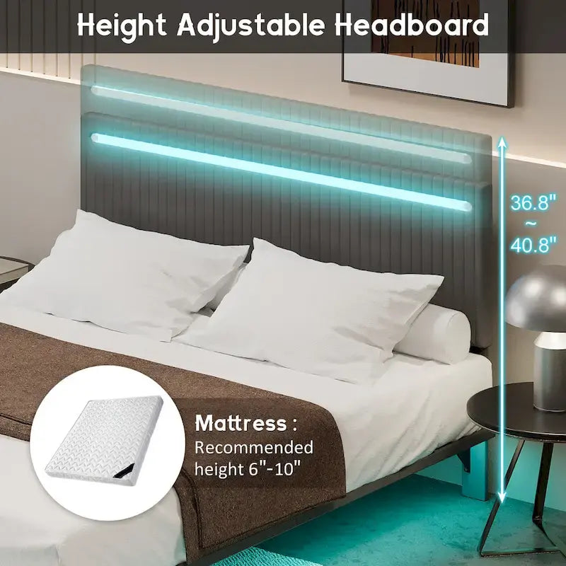 Cadre de Lit Flottant Rembourré Moderne avec Lumières LED, Lit en Velours Design Vertical à Canaux, Taille Double, Beige