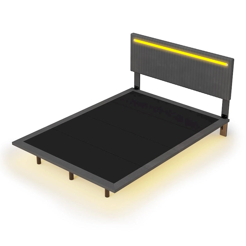 Cadre de Lit Flottant Rembourré Moderne avec Lumières LED, Lit en Velours Design Vertical à Canaux, Taille Double, Beige