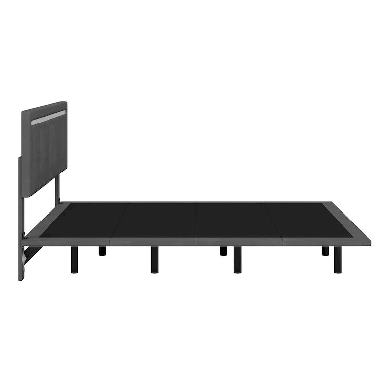 Cadre de Lit Flottant Rembourré Moderne avec Lumières LED, Lit en Velours Design Vertical à Canaux, Taille Double, Beige