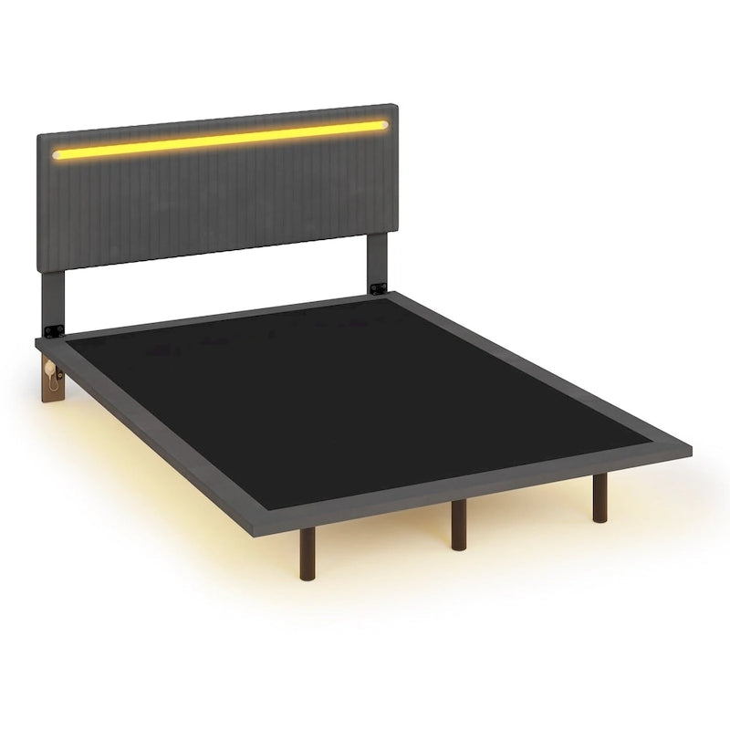 Cadre de Lit Flottant Rembourré Moderne avec Lumières LED, Lit en Velours Design Vertical à Canaux, Taille Double, Beige