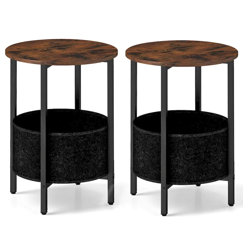 Table d'appoint ronde marron et noire avec panier en feutre, pieds en X | 1 ou 2 pièces