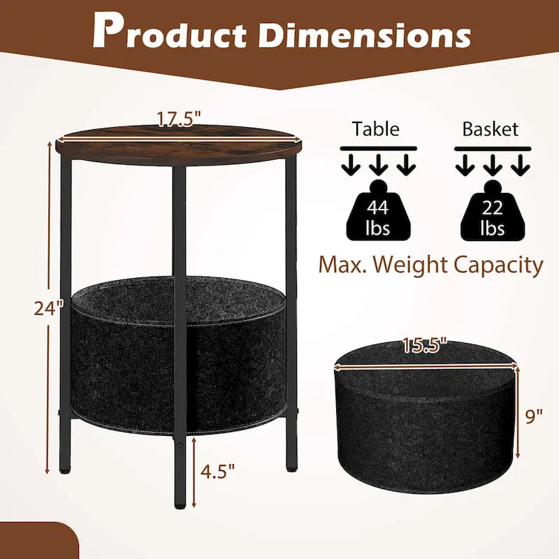 Table d'appoint ronde marron et noire avec panier en feutre, pieds en X | 1 ou 2 pièces