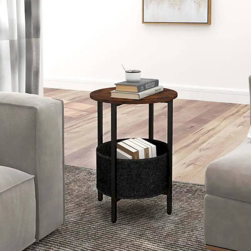 Table d'appoint ronde marron et noire avec panier en feutre, pieds en X | 1 ou 2 pièces