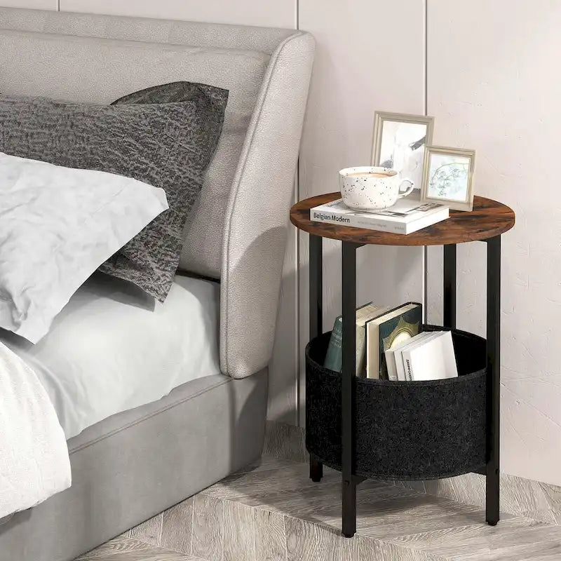 Table d'appoint ronde marron et noire avec panier en feutre, pieds en X | 1 ou 2 pièces