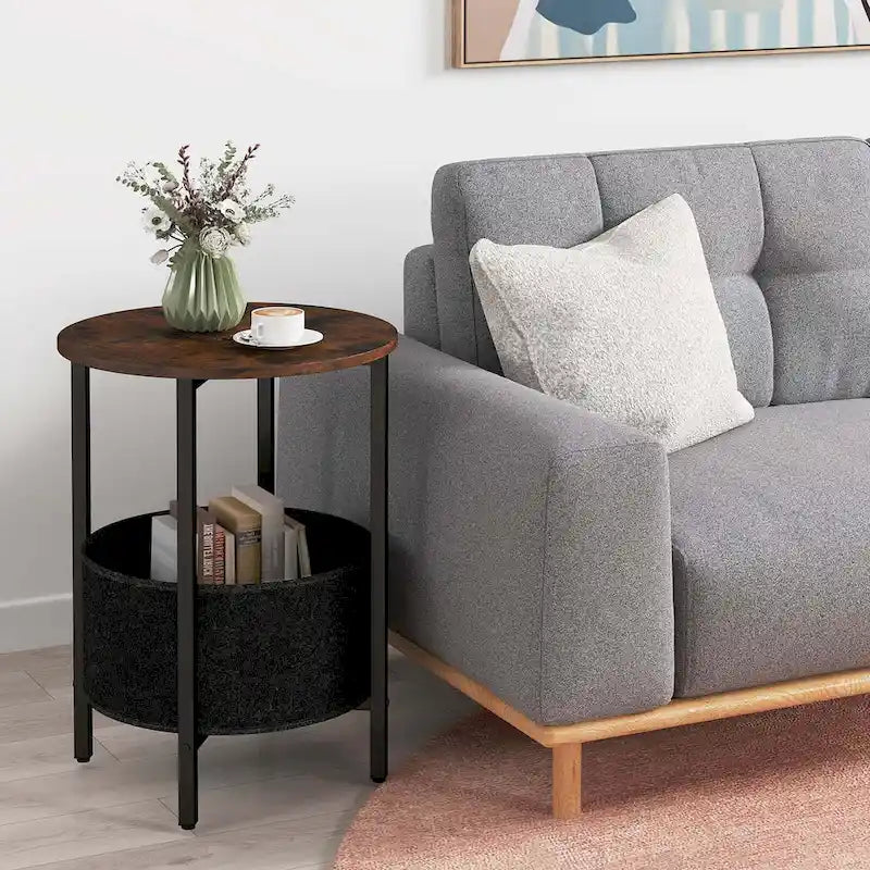 Table d'appoint ronde marron et noire avec panier en feutre, pieds en X | 1 ou 2 pièces