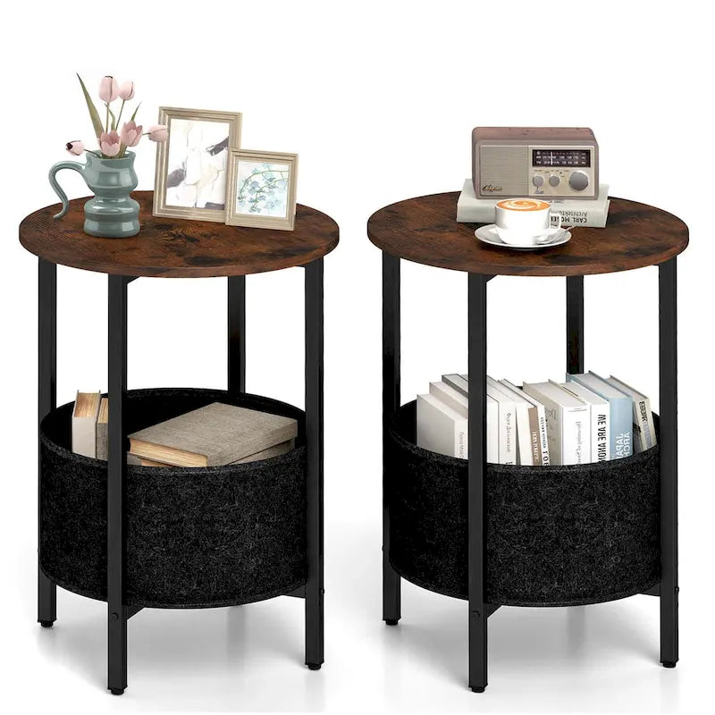 Table d'appoint ronde marron et noire avec panier en feutre, pieds en X | 1 ou 2 pièces