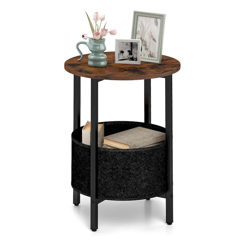 Table d'appoint ronde marron et noire avec panier en feutre, pieds en X | 1 ou 2 pièces