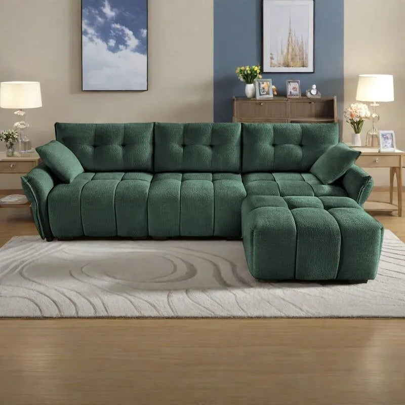 110.2 Ensemble canapé 3 places en chenille avec ottoman et coussins, cadre en bois massif et coussins haute résilience