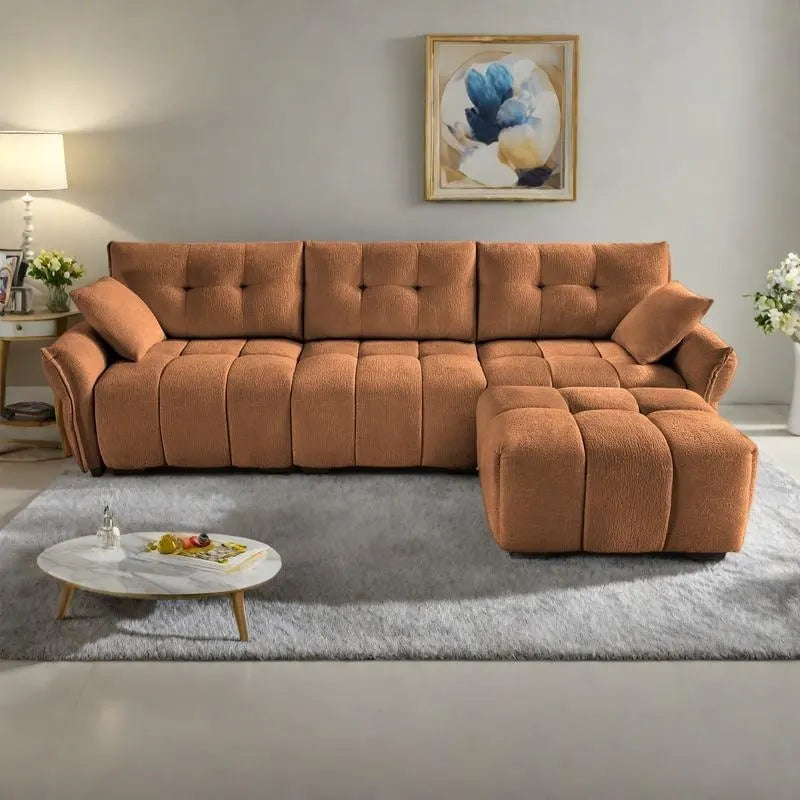 110.2 Ensemble canapé 3 places en chenille avec ottoman et coussins, cadre en bois massif et coussins haute résilience