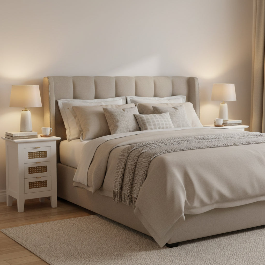 Wooden Nightstands Set of 2 with Rattan-Woven Surfaces and Three Drawers