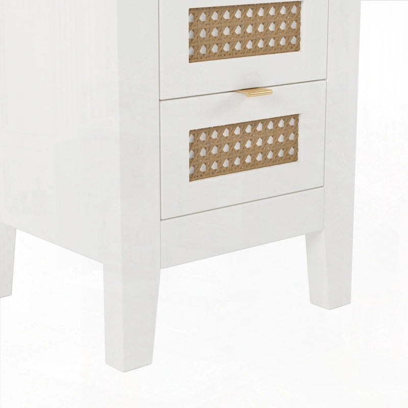 Tables de chevet en bois (lot de 2) avec surfaces en rotin tressé et trois tiroirs