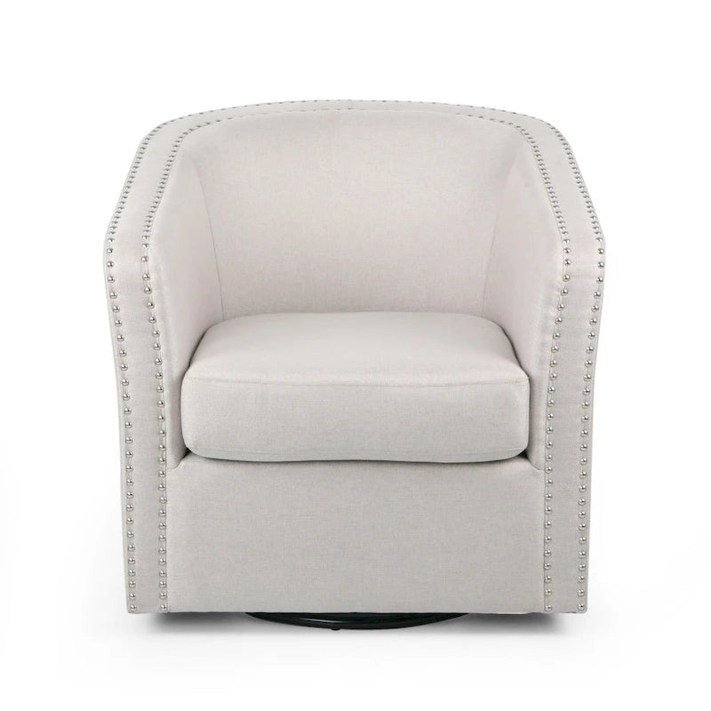 Fauteuil pivotant, style baril rond classique, tissu beige blé