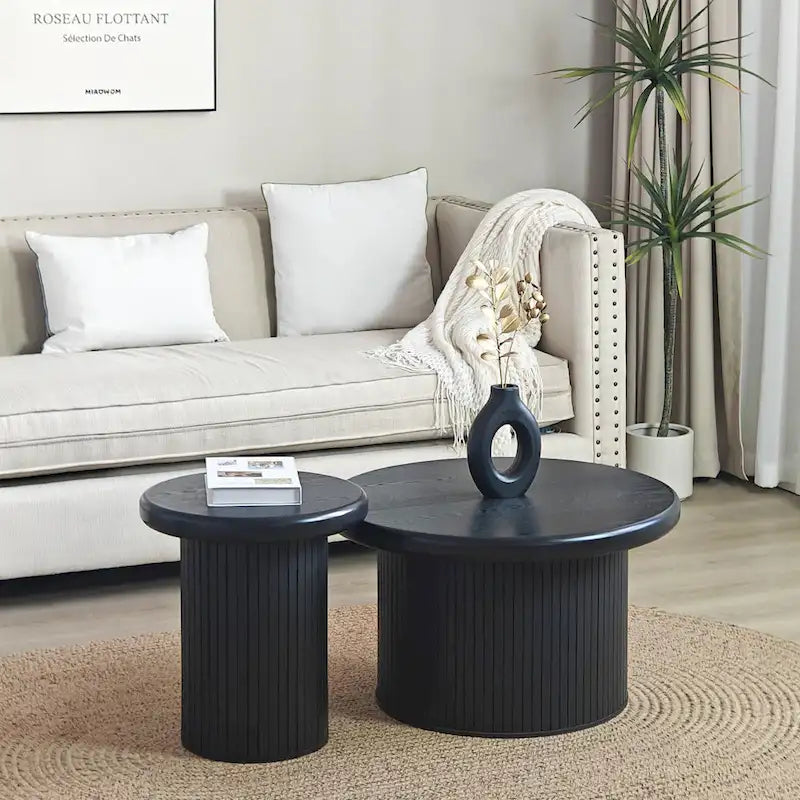 Ensemble de tables basses rondes modernes, combinaison double table basse avec pied de table cannelé, pour salon