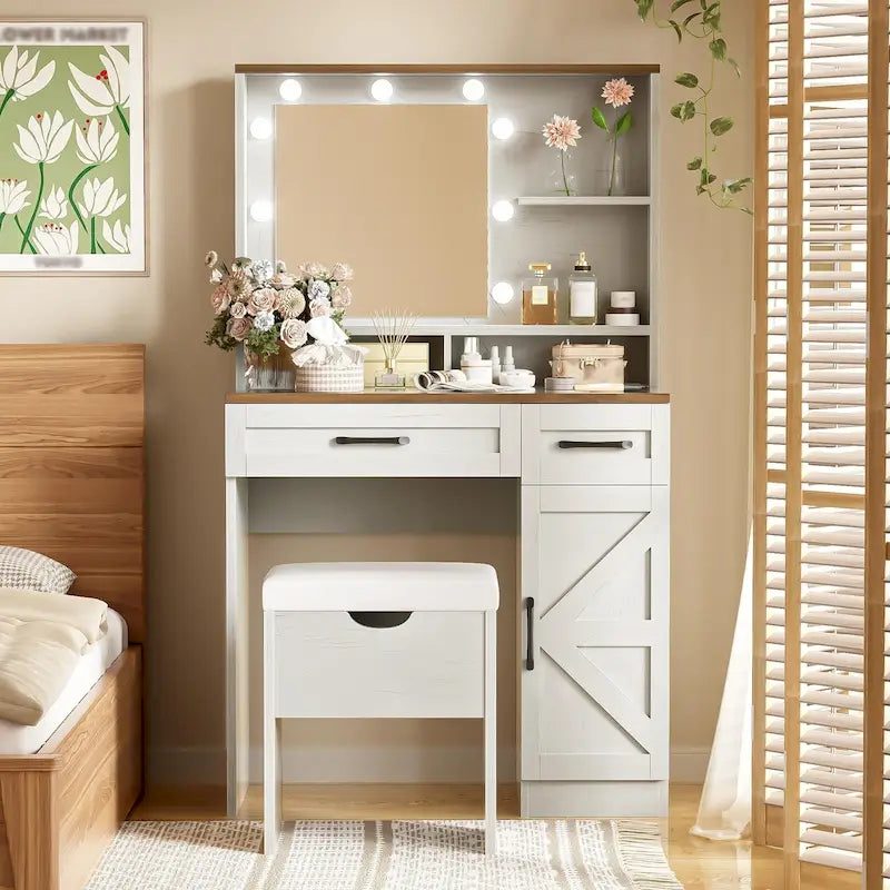 Coiffeuse avec miroir et lumières, table de maquillage avec étagères réglables et tiroir, meuble de maquillage avec armoire latérale