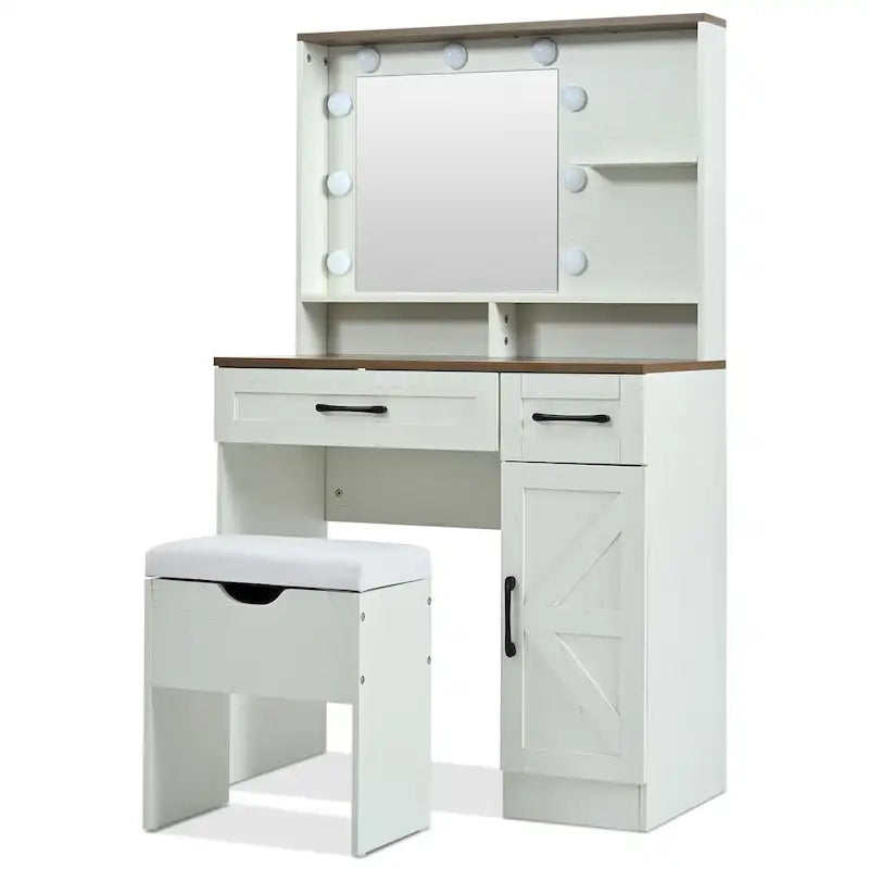 Coiffeuse avec miroir et lumières, table de maquillage avec étagères réglables et tiroir, meuble de maquillage avec armoire latérale