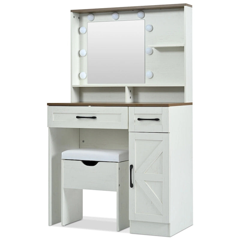 Coiffeuse avec miroir et lumières, table de maquillage avec étagères réglables et tiroir, meuble de maquillage avec armoire latérale