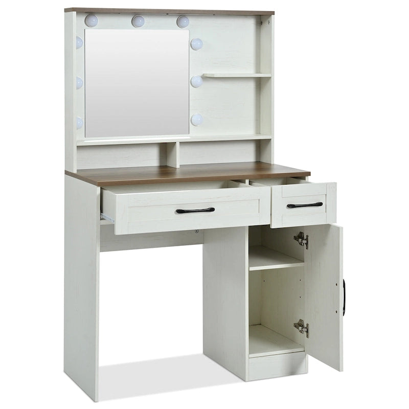 Coiffeuse avec miroir et lumières, table de maquillage avec étagères réglables et tiroir, meuble de maquillage avec armoire latérale