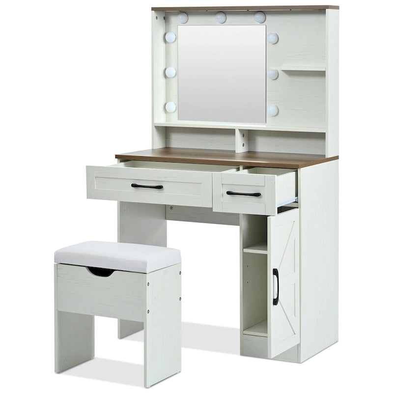 Coiffeuse avec miroir et lumières, table de maquillage avec étagères réglables et tiroir, meuble de maquillage avec armoire latérale