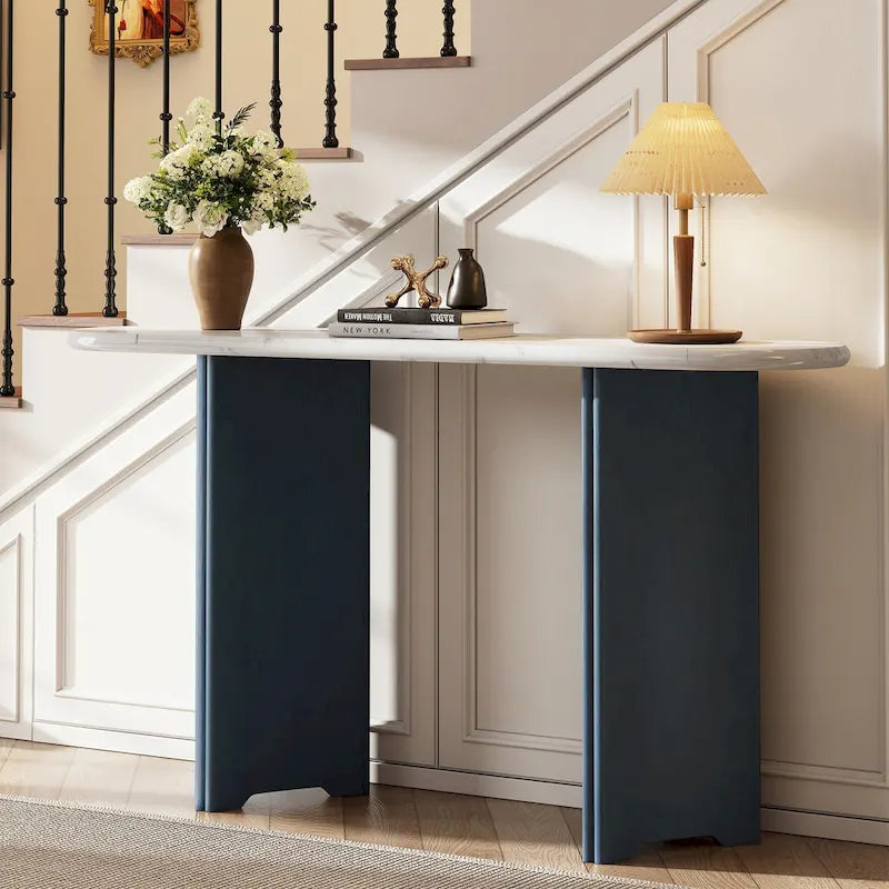 Console Bleu Marine et Blanche | Plateau Effet Marbre | Pieds en Chêne