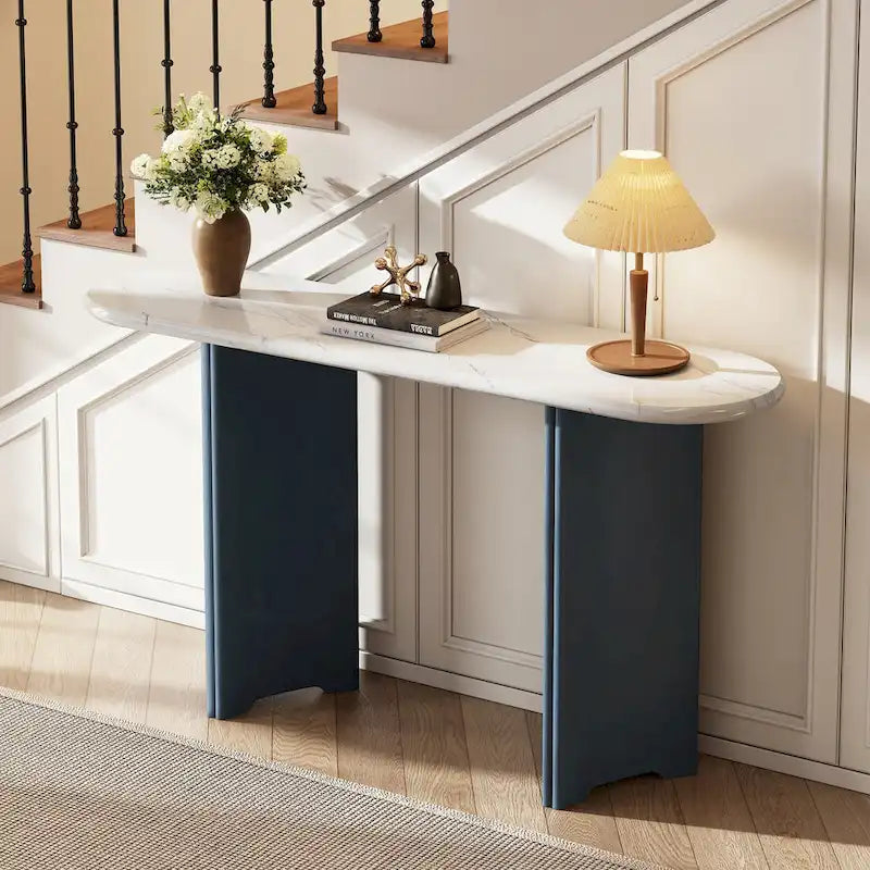 Console Bleu Marine et Blanche | Plateau Effet Marbre | Pieds en Chêne
