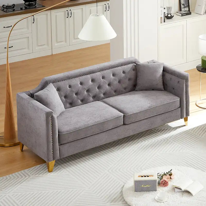 Canapé 3 places en chenille noir/gris/beige, style milieu de siècle