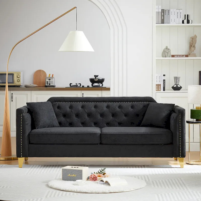 Canapé 3 places en chenille noir/gris/beige, style milieu de siècle