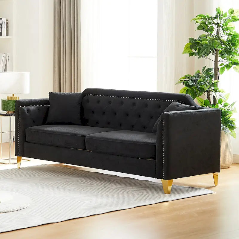 Canapé 3 places en chenille noir/gris/beige, style milieu de siècle