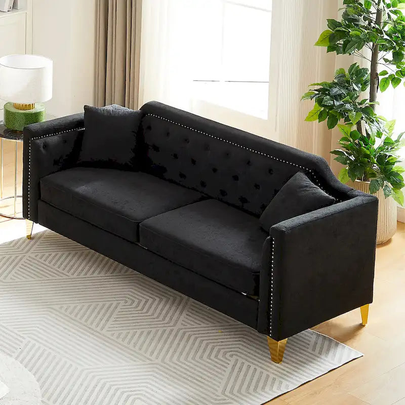 Canapé 3 places en chenille noir/gris/beige, style milieu de siècle