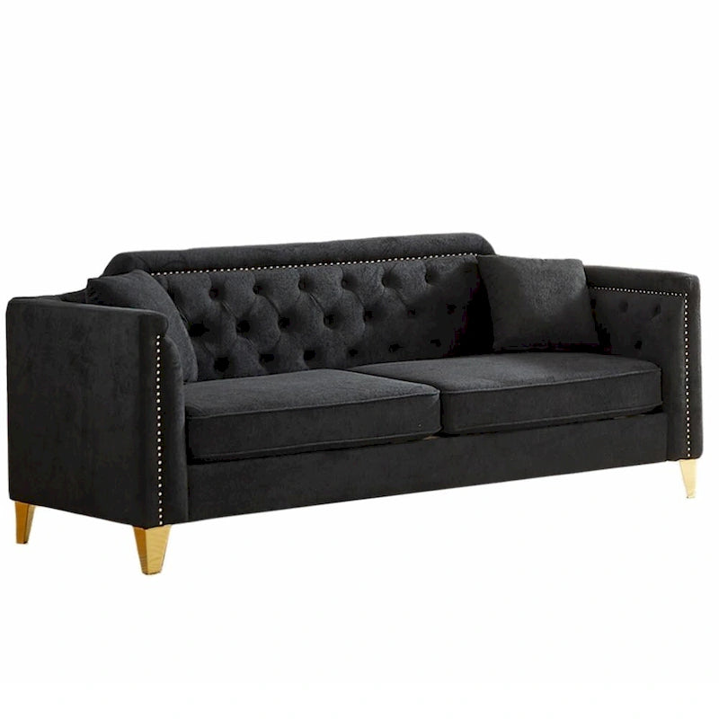 Canapé 3 places en chenille noir/gris/beige, style milieu de siècle