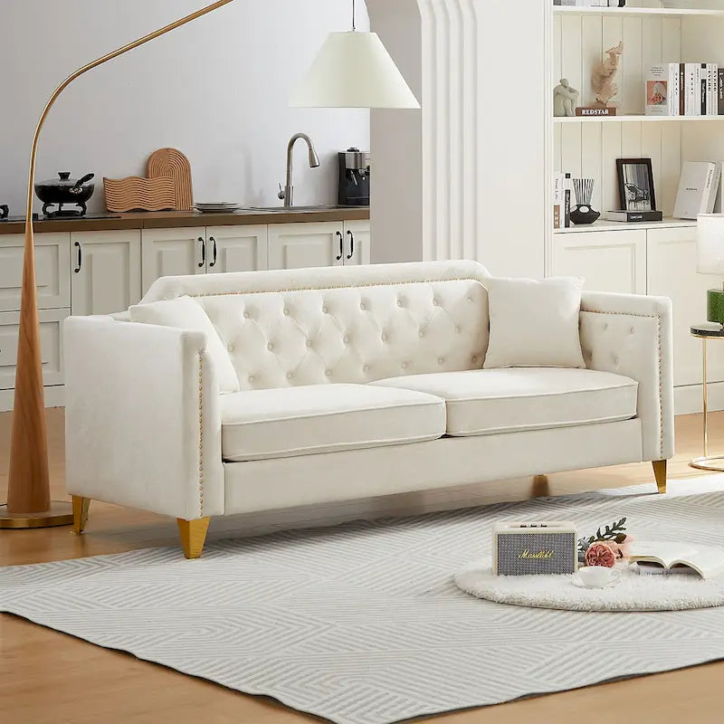 Canapé 3 places en chenille noir/gris/beige, style milieu de siècle