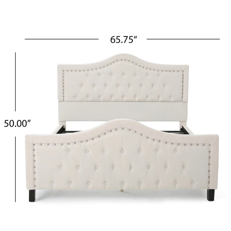 Lit plateforme "Queen Size" avec tête et pied de lit arqués, clous décoratifs et capitonnage