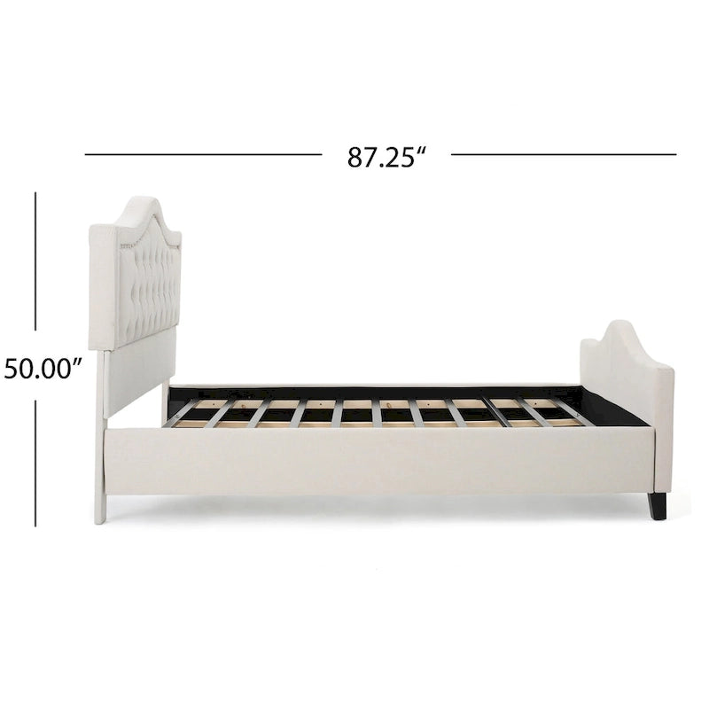 Lit plateforme "Queen Size" avec tête et pied de lit arqués, clous décoratifs et capitonnage