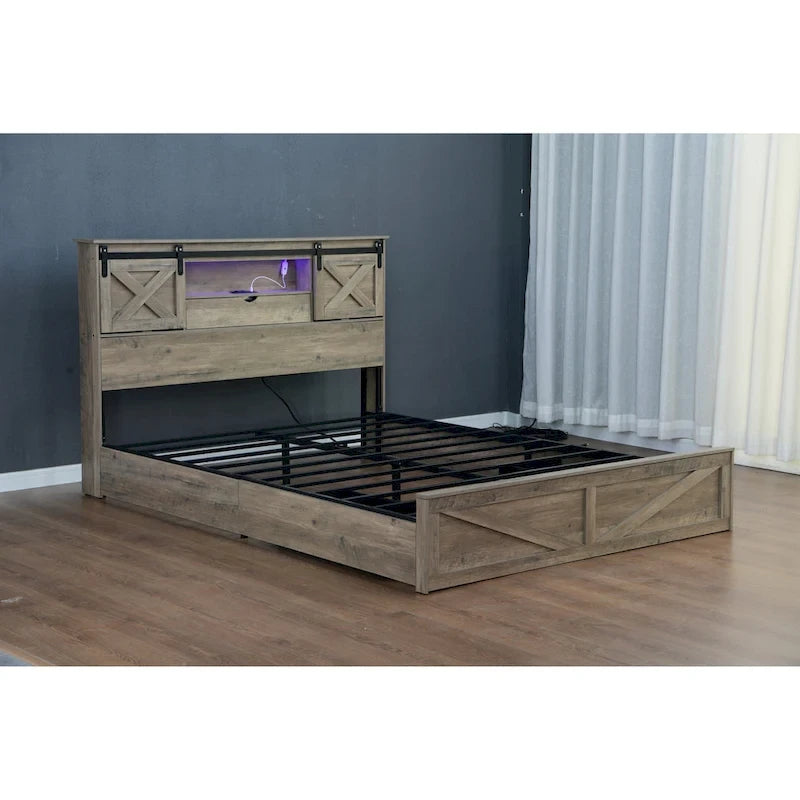 Lit plateforme Queen Size avec tête de lit LED et station de recharge, design porte de grange, lumières RVB contrôlées par application