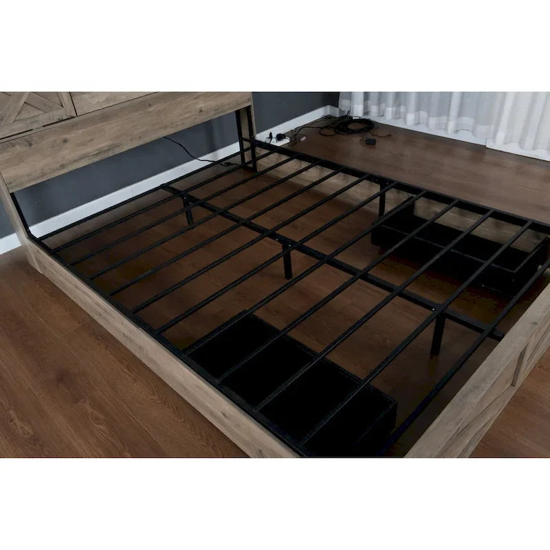 Lit plateforme Queen Size avec tête de lit LED et station de recharge, design porte de grange, lumières RVB contrôlées par application