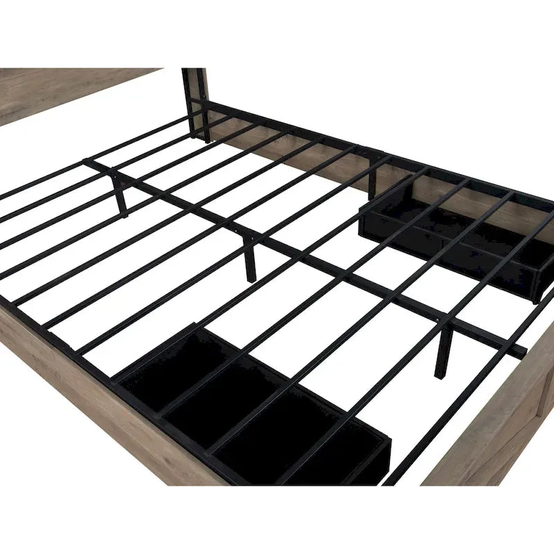 Lit plateforme Queen Size avec tête de lit LED et station de recharge, design porte de grange, lumières RVB contrôlées par application