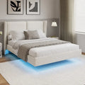 Cadre de lit plateforme flottant Queen Size en velours avec lumières LED intelligentes sous le lit, 6 espaces de rangement et montage facile