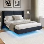 Cadre de lit plateforme flottant Queen Size en velours avec lumières LED intelligentes sous le lit, 6 espaces de rangement et montage facile