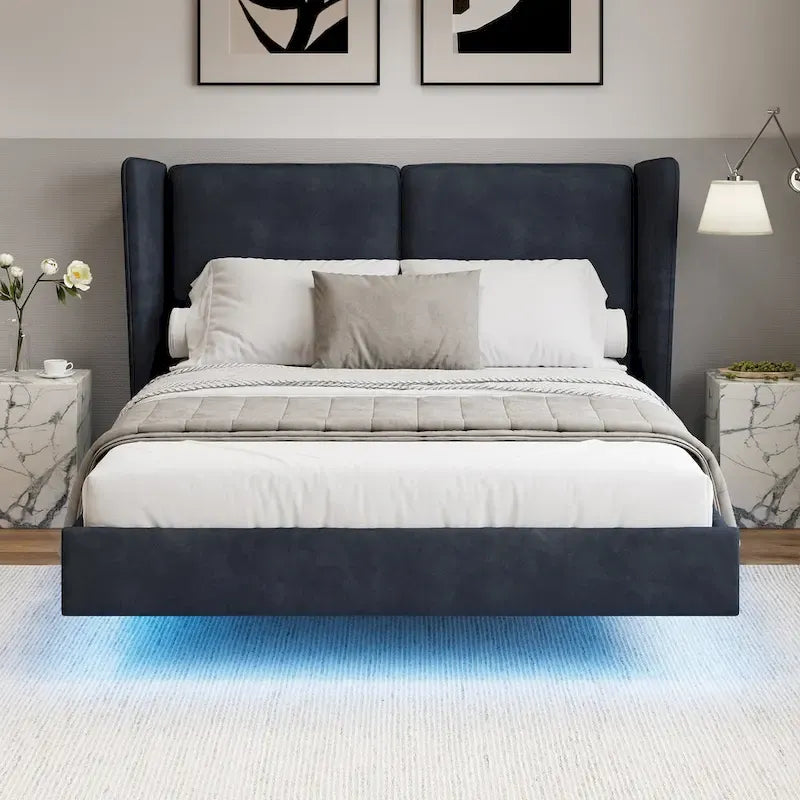 Cadre de lit plateforme flottant Queen Size en velours avec lumières LED intelligentes sous le lit, 6 espaces de rangement et montage facile
